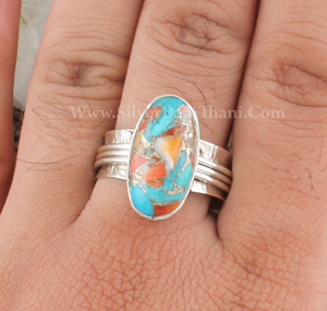 Bague en cuivre turquoise d'huître épineuse naturelle-Bague large en argent sterling 925 pour femme en gros faite à la main - Product Image 3