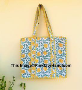 Main bloc Floral imprimé à la main coton Shopping sac fourre-tout femmes matelassé sac à bandoulière beau sac de plage avec fermeture éclair - Product Image 1