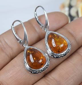 925 argent sterling massif naturel ambre baltique en forme de poire boucle d'oreille russe - Product Image 3