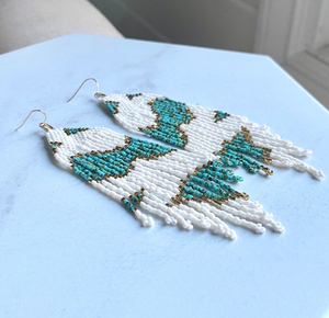 Beaded Fringe <b>Earrings</b>/ Seed Bead/ Long Boho Statement Jewelry/ Neutral Gold Cream <b>Turquoise</b> Fringe Tassel <b>Earrings</b> - Gold Long - Product Image 2