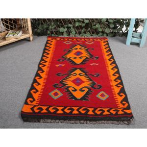 พรมขนาด 2.2x4 ฟุต, พรมตุรกีโบราณ, พรมลายดอกไม้สีแดงคิลิม - Product Image 4