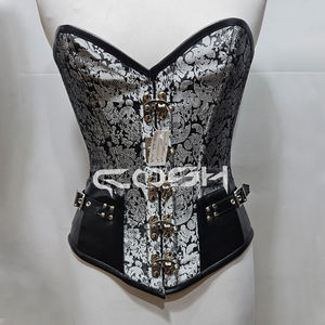 คอร์เซ็ทผ้าไหมสีดำและสีเงินแบบโอเวอร์บัสท คอร์เซ็ทแบบคอร์เซ็ททรงสวีทฮาร์ทพร้อมตัวล็อคด้านหน้า - Product Image 1