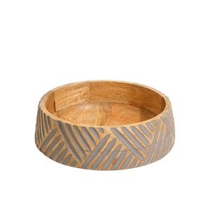 Bol de service en bois de manguier artisanal, gris vintage, motif en chevrons sculpté, bol à salade, vaisselle de cuisine écologique - Product Image 1