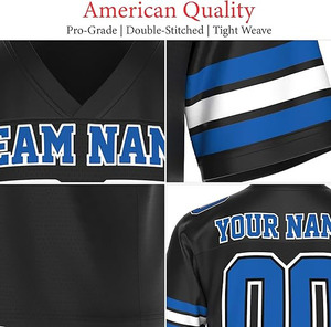 Camiseta deportiva personalizada American Foot Ball negra con detalles azules y blancos. Incluye el texto "NOMBRE DEL EQUIPO" y el número "00" - Product Image 3