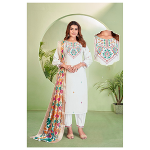 Ensemble Kurti 3 pièces en soie romaine de créateur avec broderie élégante tenue de fête ethnique traditionnelle indienne pour femmes - Product Image 1