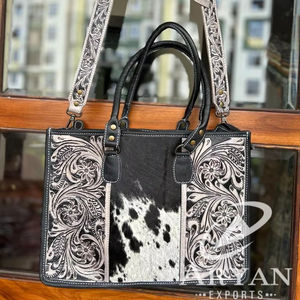 Real Cowhide <b>Fur</b> <b>Tote</b> <b>Bag</b> Stylish Leather New Designer Purse Hair on Hide Hand Tooled Carving <b>Bags</b> for Women's Multi Use - Product Image 1