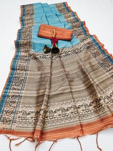 Soie de Tussar de qualité supérieure avec fabricant et fournisseur de mode pour femme saree imprimé en bloc de Surat - Product Image 6