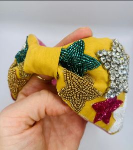 Wide Knotted Turban <b>Headband</b> with Star Beaded Design Trendy <b>Fabric</b> and Velvet Accessory Plain Braided Style - Product Image 1