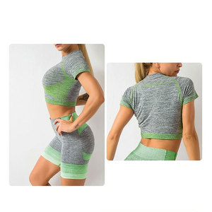 Ropa de gimnasio, Conjunto de sujetador y mallas deportivas hechas en fábrica teñidas lisas para entrenamiento de cintura alta para mujer, precio con descuento, conjunto de Yoga para mujer - Product Image 3