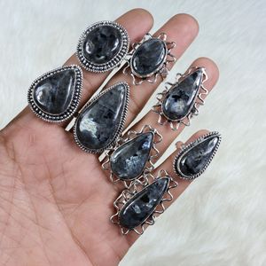 Bague plaquée argent pour femmes de créateur pierre précieuse de larvikite noire bijoux en laiton à la mode en gros diamant filles conception de breloques - Product Image 3