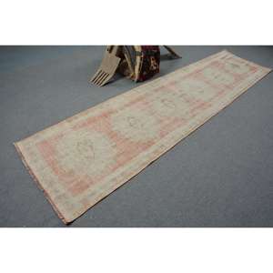 2.8x10.9 ft Turkish <b>Runner</b> Rug, <b>Red</b> White Vintage Moroccan Wool Rug - Product Image 2