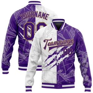 Vente en gros dans l'industrie directe Veste Letterman universitaire 3D décontractée hiver avec motif de graffiti personnalisé violet-vieil or à rayures - Product Image 1