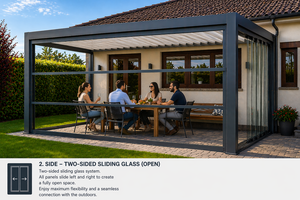 Pergola bioclimatique en aluminium 3x5 pour extérieur avec lames motorisées et cloison en verre coulissante sans cadre - Product Image 5