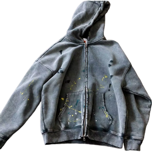 Sudadera con Capucha para Hombre, Estilo Vintage Francés, 100% Algodón, Lavada, Desgastada, Gruesa, con Doble Cremallera y Diseño de Salpicaduras de Pintura, Alta Calidad OEM - Product Image 3