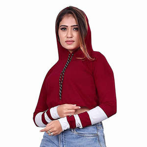 Comfortable Long Sleeve Panel Work Women's Crop Top <b>Hoodie</b> Best Quality <b>Maroon</b> Color Sweat Suits Hoodies Cheap Price OEM - Product Image 5