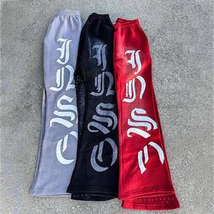 Pantalones de chándal acampanados informales para hombre con bordado de parche personalizado, pantalones para correr de algodón y lavado ácido, diseño holgado con cordón - Product Image 4