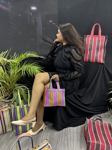 Plastic RPET Eco-Friendly Reusable Zipper Nylon Shopping <b>Bag</b> Striped Handloom Woven Recycled Plastic <b>Beach</b> <b>Bags</b> Made in India - Product Image 6