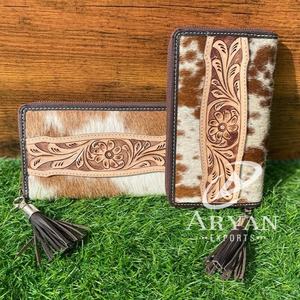 Vente chaude Sculpture Main Usiné Portefeuille Embrayage Élégant En Cuir Véritable Fourrure De Vachette Portefeuille Multi Utilisations Western Portefeuilles En Cuir - Product Image 1