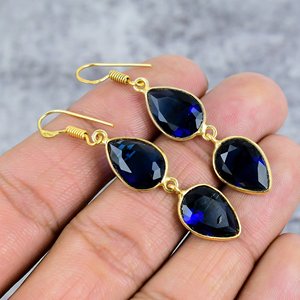 Boucles d'oreilles en argent sterling 925 plaqué or faites à la main, saphir bleu poire, pierres précieuses, design tendance, cadeau de mariage pour femmes - Product Image 1