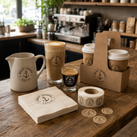 Ensemble d'accessoires pour café AT PACK personnalisé avec serviettes, verres à café, porte-gobelets, pot, autocollants et emballage avec logo