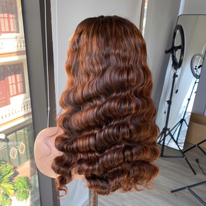 Pelucas con flequillo de cabello virgen marrón para mujer, peluca larga con ondas profundas y frente de encaje, densidad del 250% - Product Image 1