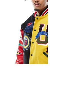 Chaqueta universitaria de cuero auténtico con letras de lana personalizada para hombre, chaqueta negra con parches y etiquetas de logotipos bordados en Color amarillo para M