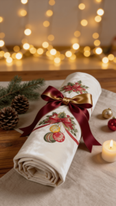 Christmas Floral Embroidered Oval Tablecloth with Pine Bow Design Holiday Dining 100% Cotton Handcrafted Decorative Cover - Product Image 3