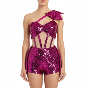 Costume de danse rose à paillettes pour femme, justaucorps une pièce avec découpes en mesh, tenue de scène pour performance, tenue de danse jazz - Product Image 2