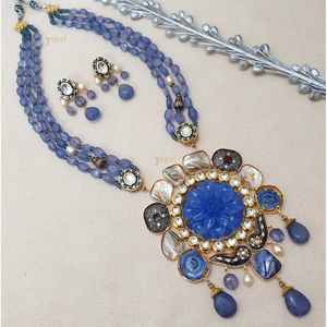 Conjunto de joyería fina Vintagelook, Pendientes colgantes de declaración de fusión de piedra con cuentas azules florales, chapado en rodio de cobre para regalo de boda - Product Image 3