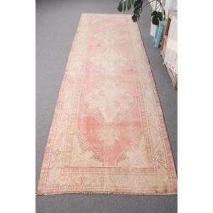 3.5x11.2 ft Vintage <b>Rug</b>, Turkish <b>Runner</b> <b>Rug</b>, Pink Brown Floral Wool <b>Rug</b> - Product Image 1