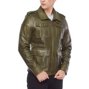 Diseño personalizado 100% Material de cuero Mangas completas Ropa de calle Chaquetas de cuero para hombres Seis bolsillos delanteros Chaqueta de cuero transpirable - Product Image 3