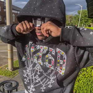 Sweat à capuche en strass designable délavé au soleil, streetwear, mode de rue, sweat à capuche en strass de cristal de qualité supérieure pour hommes et femmes - Product Image 2