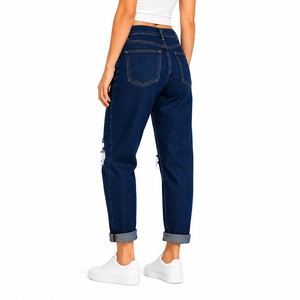 Vaqueros de mezclilla rasgados para mujer, de color liso, de cintura alta, estilo boyfriend, con rodillas rasgadas, pantalones desgastados, a la moda, casuales, de ajuste holgado. - Product Image 5