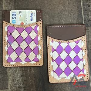 New Arrival 2025 Custom Designer Hand Tooled Leather <b>Card</b> <b>Holder</b> with White & Purple Checkered Pattern Western Style Mini <b>Wallet</b> - Product Image 1