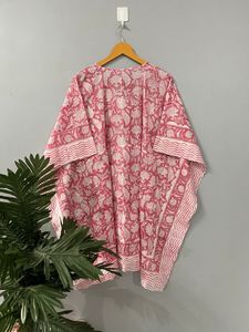 Caftán de algodón de verano para mujer, Vestido corto y largo con estampado de bloques indios, vestidos informales para dormir de noche, Top con estampado de flores - Product Image 5