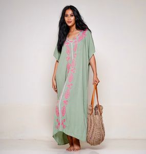 Precio de fábrica Eco-Friendly Mujeres Moda Rayón Playa Kaftan Vestido Bordado Algodón Manga Corta Hasta el Suelo Fiesta Maxi - Product Image 2