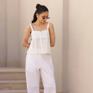Conjunto conjunto de 2 piezas Western White Hakuba Osian para mujer, pantalón y Top bordados sin cuello con diseño de verano - Product Image 1