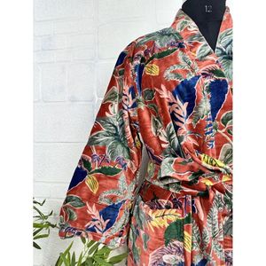 Luxury Unisex Robe Floral Red Malibu Bluish Autumn <b>Winter</b> <b>Jacket</b> Elegant Floral Design Velvet Silk Lined Reversible One Fits All - Product Image 4