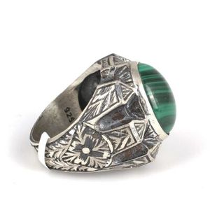 Bague pour homme en argent sterling 925 avec pierre de malachite ronde, design stylo, plaqué or 14 carats, rhodié, bijoux à porter au quotidien - Product Image 4