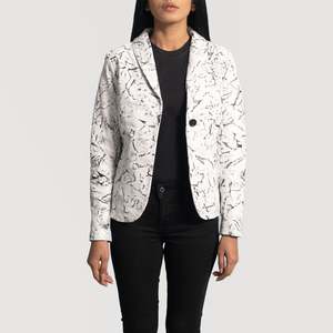 White Knitted Leather Blazer with <b>Single</b> Button Closure Print & Embroidery Plus Size - Product Image 3