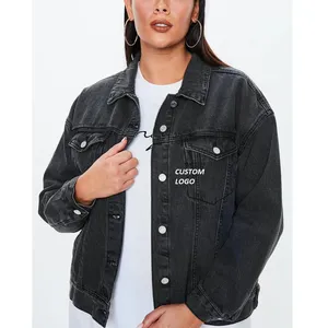 Jins hitam dicuci antik jas hujan ketat wanita kustom peregangan jaket Denim sejuk dengan Logo kustom