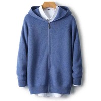 Sweat-shirt à capuche zippé pour homme en 100 % laine mérinos, écologique, coupe-vent, brodé, tricot épais automne-hiver