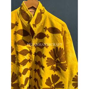 Unisex Jacket <b>Coat</b> Yellow Velvet Jacket Uzbek Floral Embroidery Jacket With Stand Collar Cotton Lining for Autumn and Winter - Product Image 2