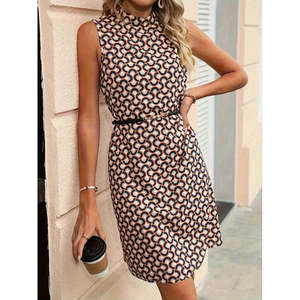 Robe mini en scuba à col roulé sans manches pour femme de Jane's, à motifs, avec ceinture, pour un usage quotidien décontracté - Product Image 2