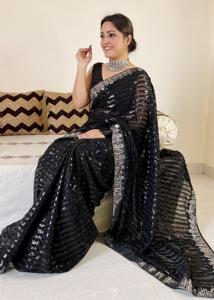 Diseñador de boutique indio elegante nupcial Saree suave Georgette tela bordado de moda incluye blusa étnica para fiestas de invierno - Product Image 2