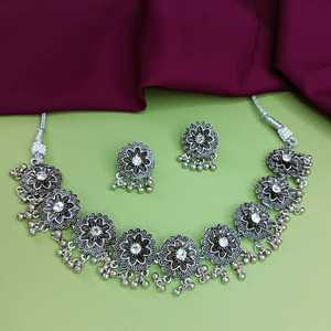 Indian Wedding Jewelry Set Oxidized Floral Metal Charms Traditional CZ Crystal Choker Necklace Indian Fashion Jewelry for Women - Product Image 2