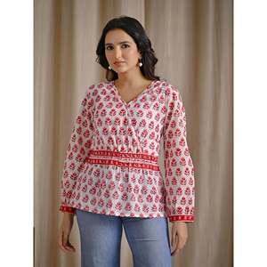 Top Corto Estampado Floral para Mujer, Blanco y Rosa, Algodón Popelina, Estampado a Mano, Logotipo Bordado, Cuello Asimétrico, Tallas XS-XL - Product Image 3