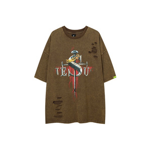 Camiseta de gran tamaño con agujeros rasgados de Hip Hop de alta calidad, ropa Vintage, camisetas gráficas para hombres, camiseta con hombros caídos para hombres - Product Image 5