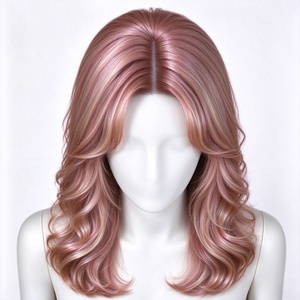 Peluca sintética rizada de longitud media en capas color oro rosa con flequillo cortina - Product Image 6