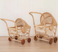 Poussette vintage en rotin tressé à la main pour poupée, chariot en rotin naturel avec auvent et roues en bois pour enfant, fabriqué au Vietnam